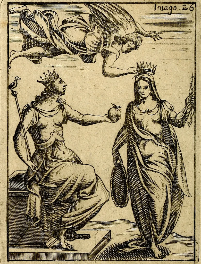 An illustration from Vincentii Chartarii Rhegiensis Imagines deorum : qui ab antiquis colebantur, unâ cum earum declaratione & historia in qua simulacra, ritus, cæremoniæ magnaque ex parte veterum religio explicatur, opus non solum antiquitatis amatoribus, sed & liberalium artium cultoribus, imò & concionatoribus valde utile & proficuum, hinc inde, 1687, leaf 135
