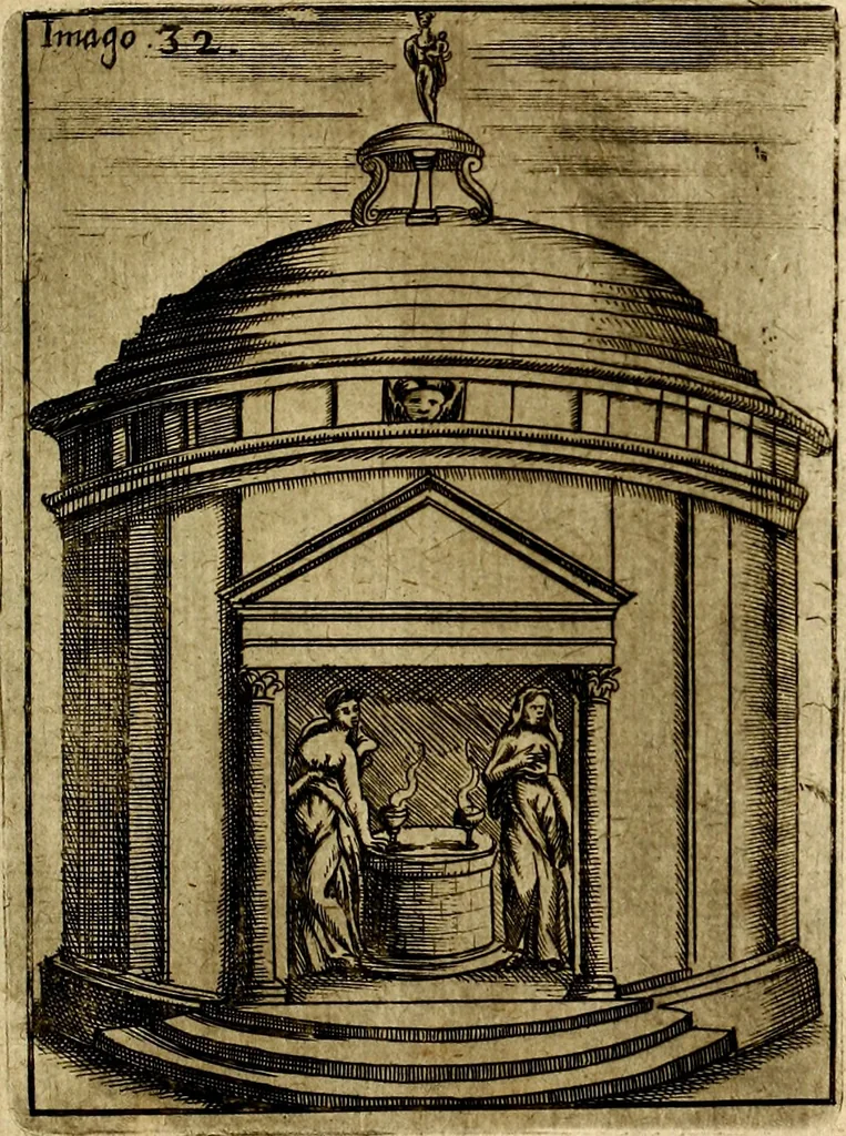 An illustration from Vincentii Chartarii Rhegiensis Imagines deorum : qui ab antiquis colebantur, unâ cum earum declaratione & historia in qua simulacra, ritus, cæremoniæ magnaque ex parte veterum religio explicatur, opus non solum antiquitatis amatoribus, sed & liberalium artium cultoribus, imò & concionatoribus valde utile & proficuum, hinc inde, 1687, leaf 164