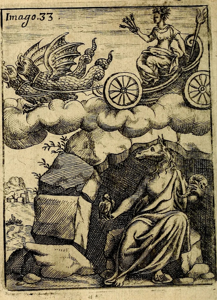 An illustration from Vincentii Chartarii Rhegiensis Imagines deorum : qui ab antiquis colebantur, unâ cum earum declaratione & historia in qua simulacra, ritus, cæremoniæ magnaque ex parte veterum religio explicatur, opus non solum antiquitatis amatoribus, sed & liberalium artium cultoribus, imò & concionatoribus valde utile & proficuum, hinc inde, 1687, leaf 165