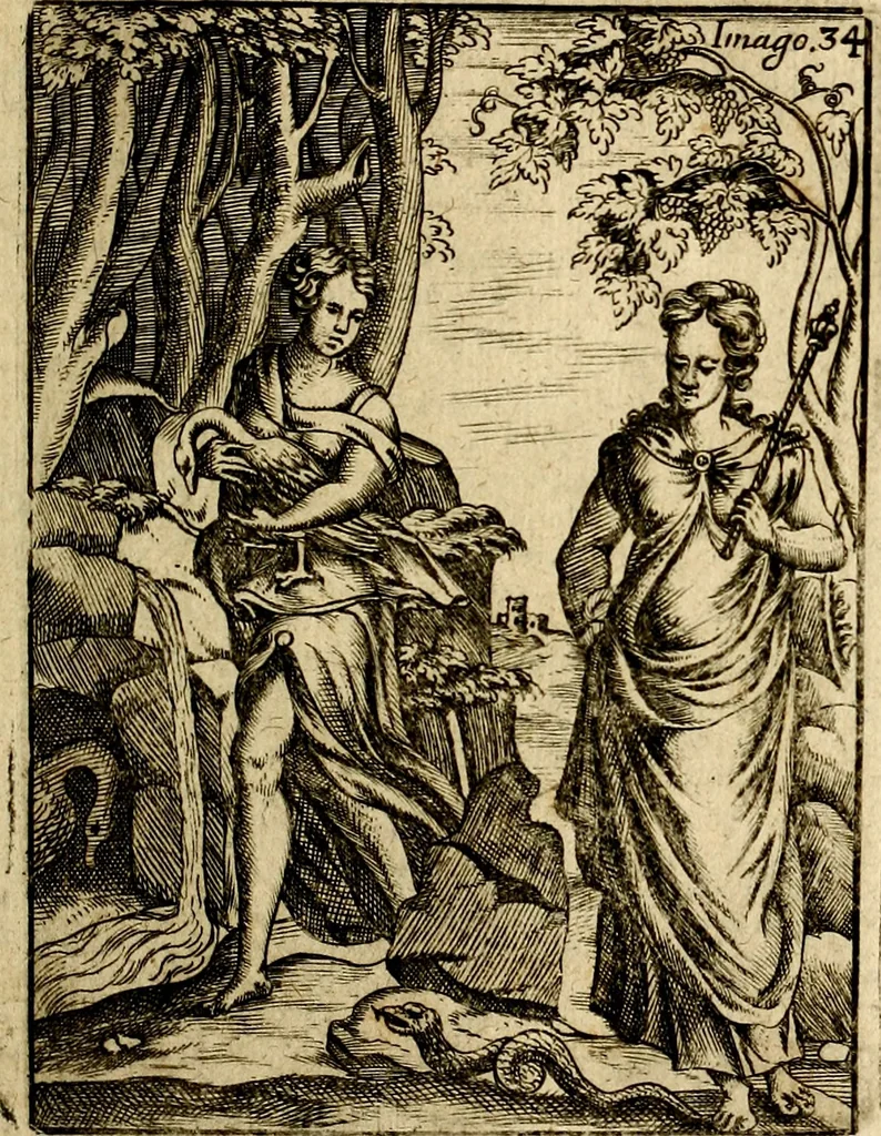 An illustration from Vincentii Chartarii Rhegiensis Imagines deorum : qui ab antiquis colebantur, unâ cum earum declaratione & historia in qua simulacra, ritus, cæremoniæ magnaque ex parte veterum religio explicatur, opus non solum antiquitatis amatoribus, sed & liberalium artium cultoribus, imò & concionatoribus valde utile & proficuum, hinc inde, 1687, leaf 174