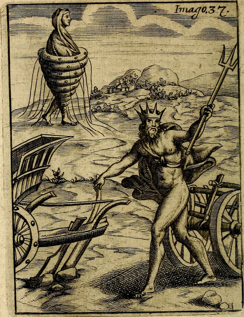 An illustration from Vincentii Chartarii Rhegiensis Imagines deorum : qui ab antiquis colebantur, unâ cum earum declaratione & historia in qua simulacra, ritus, cæremoniæ magnaque ex parte veterum religio explicatur, opus non solum antiquitatis amatoribus, sed & liberalium artium cultoribus, imò & concionatoribus valde utile & proficuum, hinc inde, 1687, leaf 185
