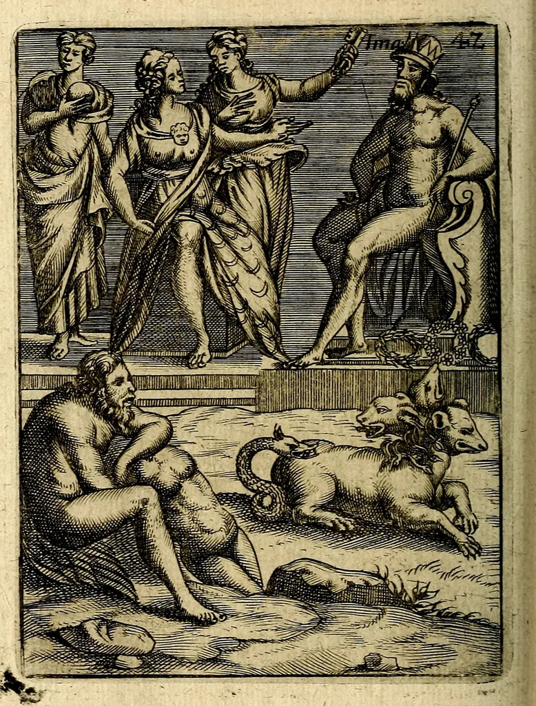 An illustration from Vincentii Chartarii Rhegiensis Imagines deorum : qui ab antiquis colebantur, unâ cum earum declaratione & historia in qua simulacra, ritus, cæremoniæ magnaque ex parte veterum religio explicatur, opus non solum antiquitatis amatoribus, sed & liberalium artium cultoribus, imò & concionatoribus valde utile & proficuum, hinc inde, 1687, leaf 201