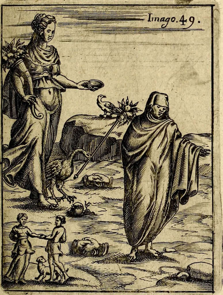 An illustration from Vincentii Chartarii Rhegiensis Imagines deorum : qui ab antiquis colebantur, unâ cum earum declaratione & historia in qua simulacra, ritus, cæremoniæ magnaque ex parte veterum religio explicatur, opus non solum antiquitatis amatoribus, sed & liberalium artium cultoribus, imò & concionatoribus valde utile & proficuum, hinc inde, 1687, leaf 228