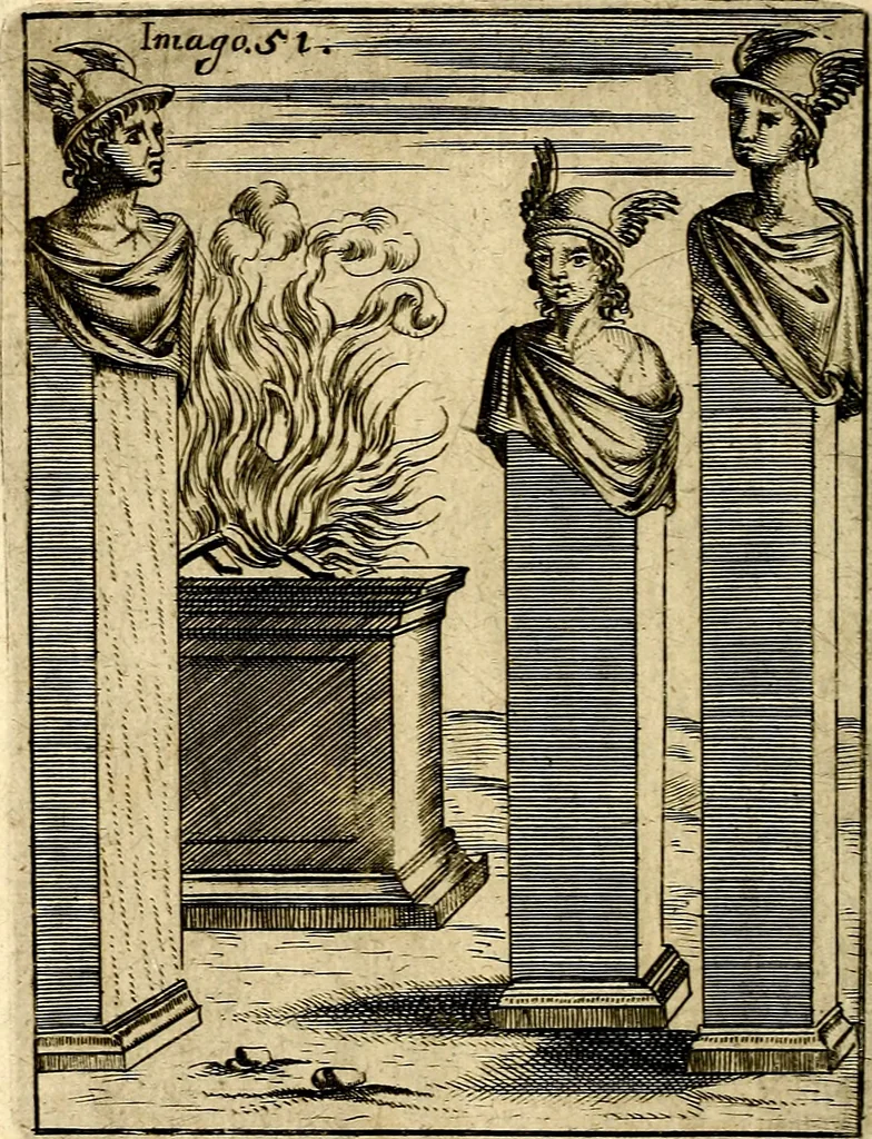 An illustration from Vincentii Chartarii Rhegiensis Imagines deorum : qui ab antiquis colebantur, unâ cum earum declaratione & historia in qua simulacra, ritus, cæremoniæ magnaque ex parte veterum religio explicatur, opus non solum antiquitatis amatoribus, sed & liberalium artium cultoribus, imò & concionatoribus valde utile & proficuum, hinc inde, 1687, leaf 233