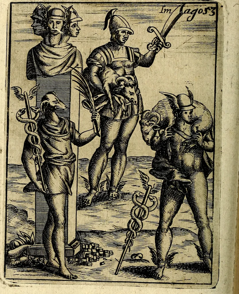 An illustration from Vincentii Chartarii Rhegiensis Imagines deorum : qui ab antiquis colebantur, unâ cum earum declaratione & historia in qua simulacra, ritus, cæremoniæ magnaque ex parte veterum religio explicatur, opus non solum antiquitatis amatoribus, sed & liberalium artium cultoribus, imò & concionatoribus valde utile & proficuum, hinc inde, 1687, leaf 241