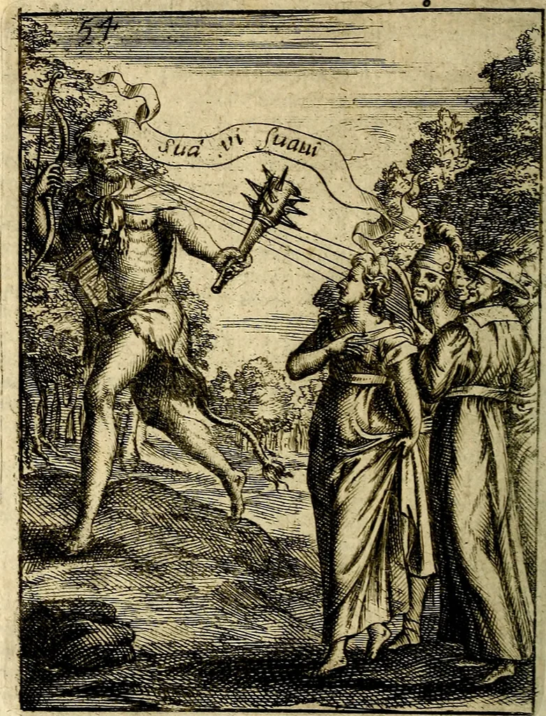 An illustration from Vincentii Chartarii Rhegiensis Imagines deorum : qui ab antiquis colebantur, unâ cum earum declaratione & historia in qua simulacra, ritus, cæremoniæ magnaque ex parte veterum religio explicatur, opus non solum antiquitatis amatoribus, sed & liberalium artium cultoribus, imò & concionatoribus valde utile & proficuum, hinc inde, 1687, leaf 245