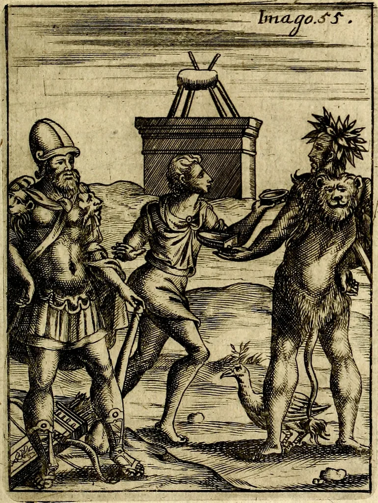 An illustration from Vincentii Chartarii Rhegiensis Imagines deorum : qui ab antiquis colebantur, unâ cum earum declaratione & historia in qua simulacra, ritus, cæremoniæ magnaque ex parte veterum religio explicatur, opus non solum antiquitatis amatoribus, sed & liberalium artium cultoribus, imò & concionatoribus valde utile & proficuum, hinc inde, 1687, leaf 248