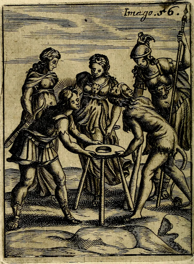 An illustration from Vincentii Chartarii Rhegiensis Imagines deorum : qui ab antiquis colebantur, unâ cum earum declaratione & historia in qua simulacra, ritus, cæremoniæ magnaque ex parte veterum religio explicatur, opus non solum antiquitatis amatoribus, sed & liberalium artium cultoribus, imò & concionatoribus valde utile & proficuum, hinc inde, 1687, leaf 253