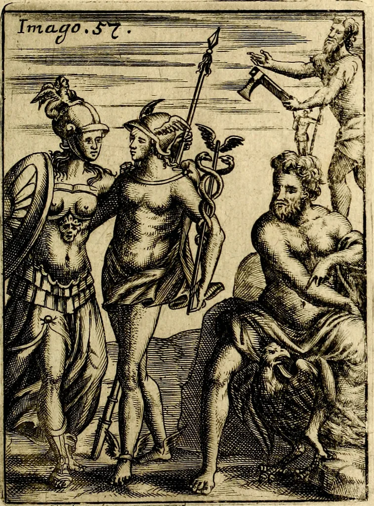 An illustration from Vincentii Chartarii Rhegiensis Imagines deorum : qui ab antiquis colebantur, unâ cum earum declaratione & historia in qua simulacra, ritus, cæremoniæ magnaque ex parte veterum religio explicatur, opus non solum antiquitatis amatoribus, sed & liberalium artium cultoribus, imò & concionatoribus valde utile & proficuum, hinc inde, 1687, leaf 258