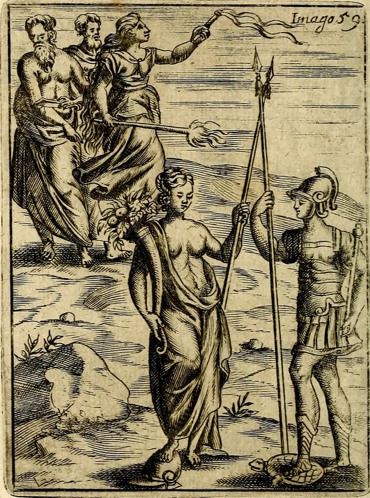 An illustration from Vincentii Chartarii Rhegiensis Imagines deorum : qui ab antiquis colebantur, unâ cum earum declaratione & historia in qua simulacra, ritus, cæremoniæ magnaque ex parte veterum religio explicatur, opus non solum antiquitatis amatoribus, sed & liberalium artium cultoribus, imò & concionatoribus valde utile & proficuum, hinc inde, 1687, leaf 265