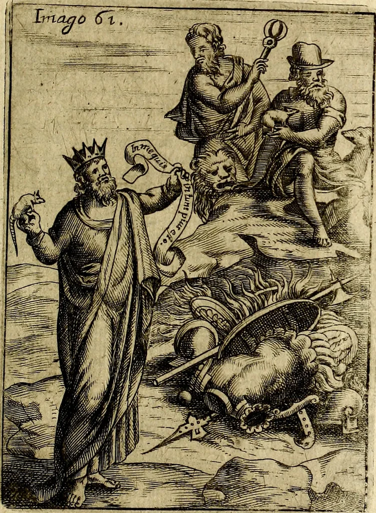 An illustration from Vincentii Chartarii Rhegiensis Imagines deorum : qui ab antiquis colebantur, unâ cum earum declaratione & historia in qua simulacra, ritus, cæremoniæ magnaque ex parte veterum religio explicatur, opus non solum antiquitatis amatoribus, sed & liberalium artium cultoribus, imò & concionatoribus valde utile & proficuum, hinc inde, 1687, leaf 276