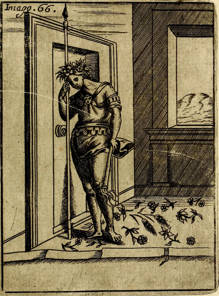 An illustration from Vincentii Chartarii Rhegiensis Imagines deorum : qui ab antiquis colebantur, unâ cum earum declaratione & historia in qua simulacra, ritus, cæremoniæ magnaque ex parte veterum religio explicatur, opus non solum antiquitatis amatoribus, sed & liberalium artium cultoribus, imò & concionatoribus valde utile & proficuum, hinc inde, 1687, leaf 296