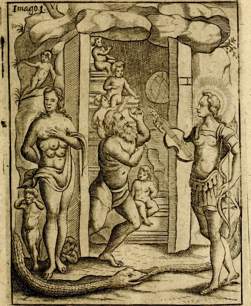 An illustration from Vincentii Chartarii Rhegiensis Imagines deorum : qui ab antiquis colebantur, unâ cum earum declaratione & historia in qua simulacra, ritus, cæremoniæ magnaque ex parte veterum religio explicatur, opus non solum antiquitatis amatoribus, sed & liberalium artium cultoribus, imò & concionatoribus valde utile & proficuum, hinc inde, 1687, leaf 30