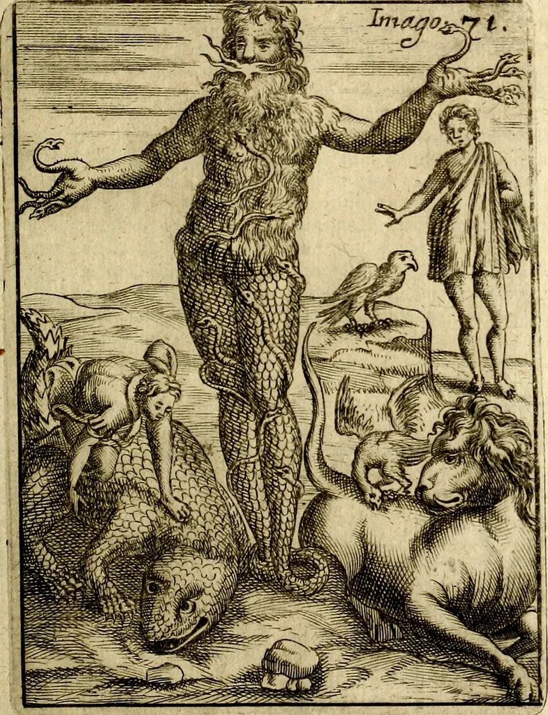 An illustration from Vincentii Chartarii Rhegiensis Imagines deorum : qui ab antiquis colebantur, unâ cum earum declaratione & historia in qua simulacra, ritus, cæremoniæ magnaque ex parte veterum religio explicatur, opus non solum antiquitatis amatoribus, sed & liberalium artium cultoribus, imò & concionatoribus valde utile & proficuum, hinc inde, 1687, leaf 312