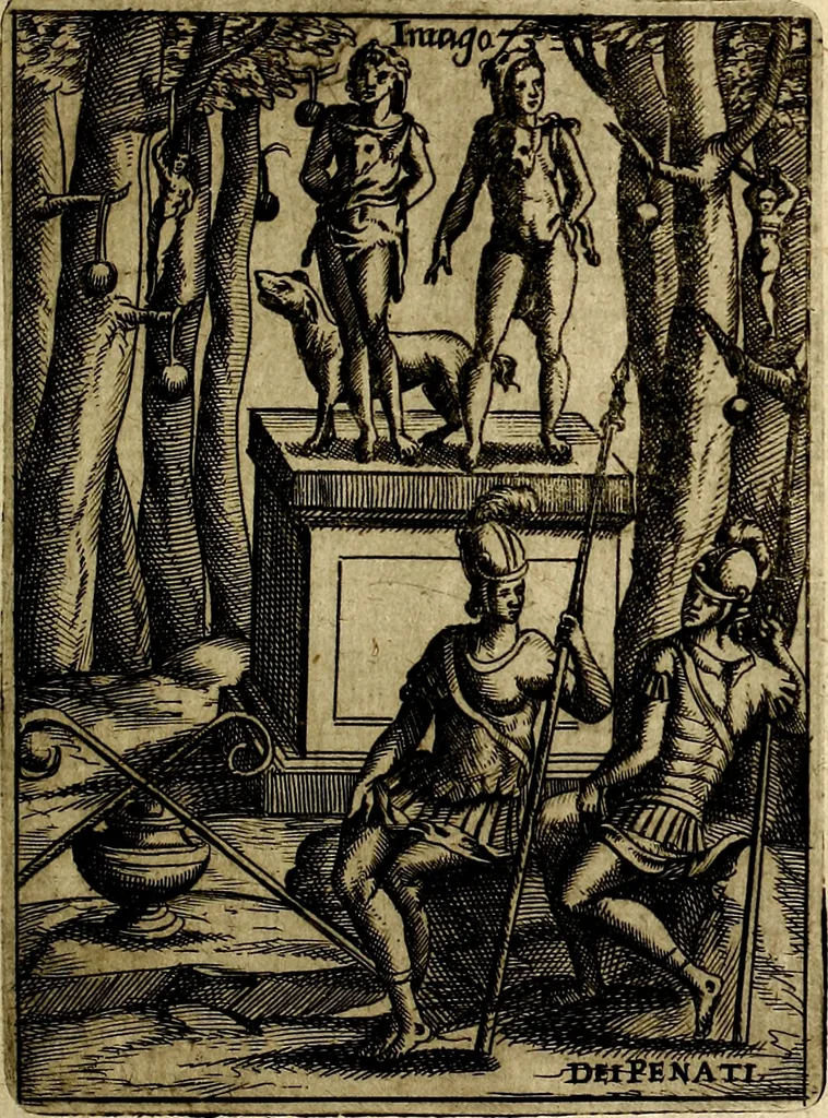 An illustration from Vincentii Chartarii Rhegiensis Imagines deorum : qui ab antiquis colebantur, unâ cum earum declaratione & historia in qua simulacra, ritus, cæremoniæ magnaque ex parte veterum religio explicatur, opus non solum antiquitatis amatoribus, sed & liberalium artium cultoribus, imò & concionatoribus valde utile & proficuum, hinc inde, 1687, leaf 320