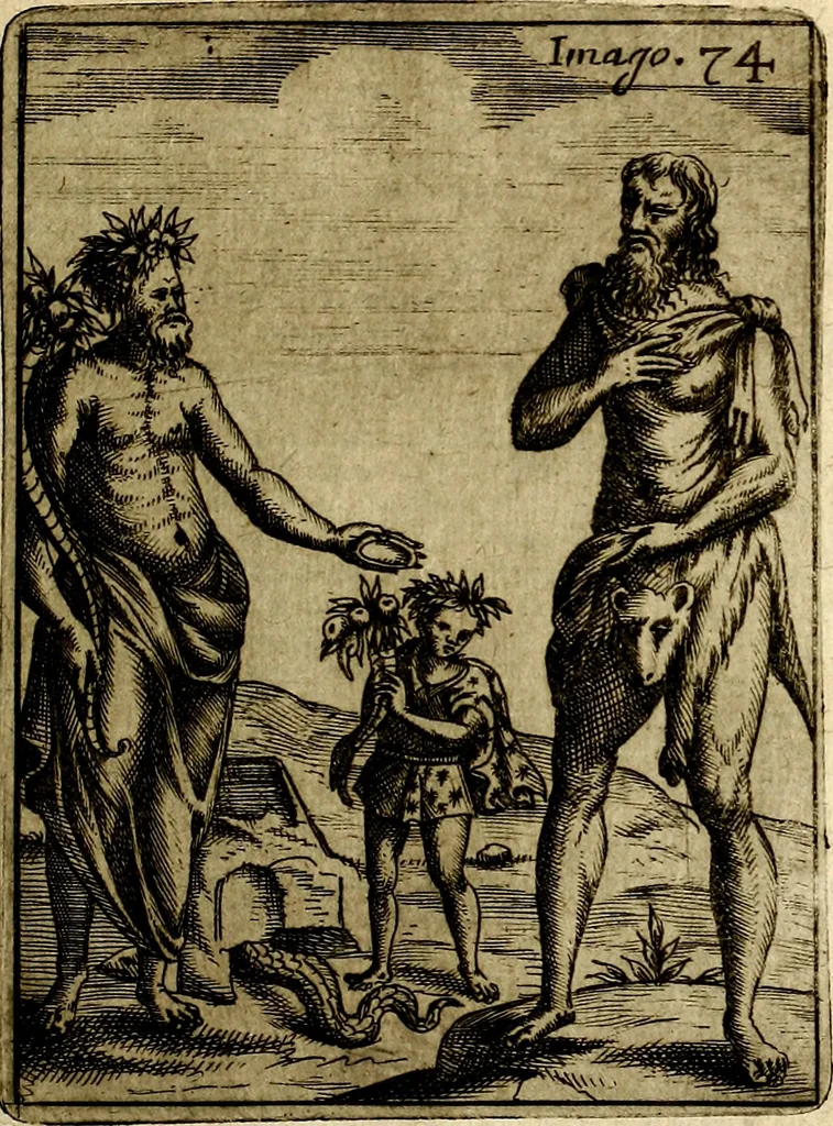An illustration from Vincentii Chartarii Rhegiensis Imagines deorum : qui ab antiquis colebantur, unâ cum earum declaratione & historia in qua simulacra, ritus, cæremoniæ magnaque ex parte veterum religio explicatur, opus non solum antiquitatis amatoribus, sed & liberalium artium cultoribus, imò & concionatoribus valde utile & proficuum, hinc inde, 1687, leaf 324