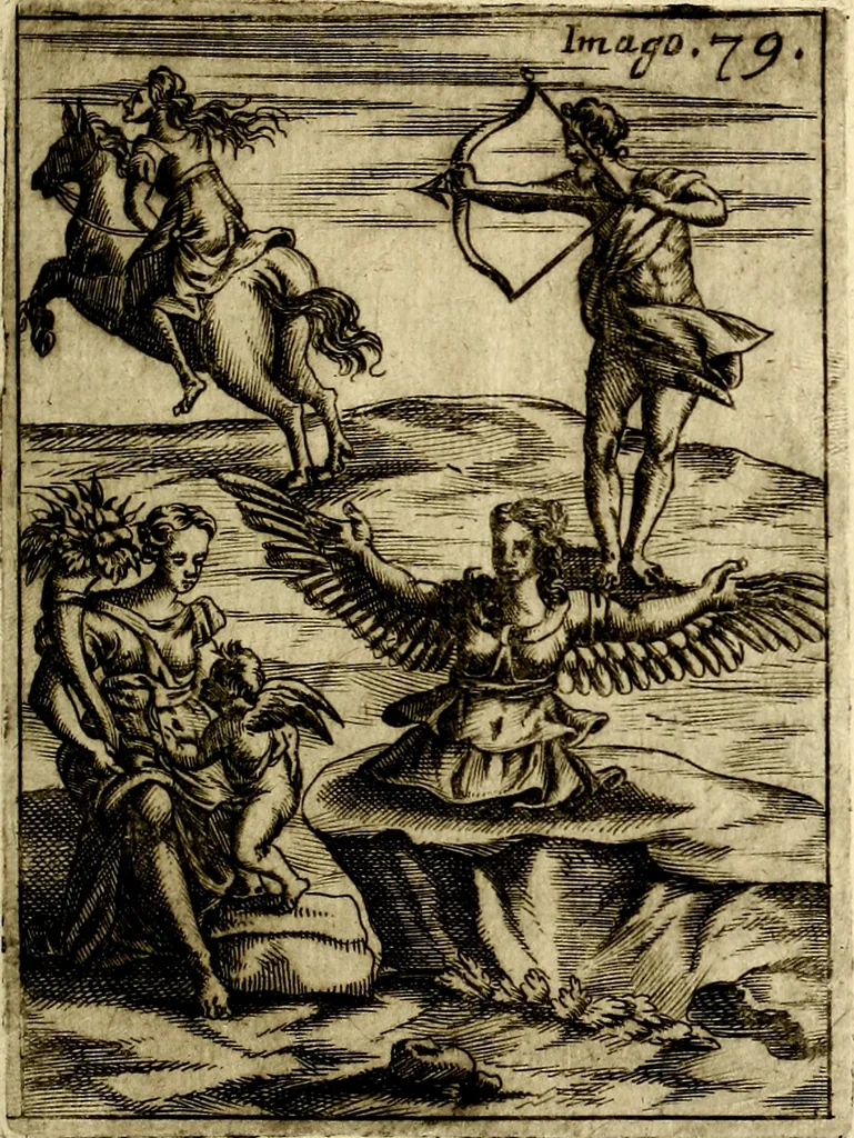 An illustration from Vincentii Chartarii Rhegiensis Imagines deorum : qui ab antiquis colebantur, unâ cum earum declaratione & historia in qua simulacra, ritus, cæremoniæ magnaque ex parte veterum religio explicatur, opus non solum antiquitatis amatoribus, sed & liberalium artium cultoribus, imò & concionatoribus valde utile & proficuum, hinc inde, 1687, leaf 342