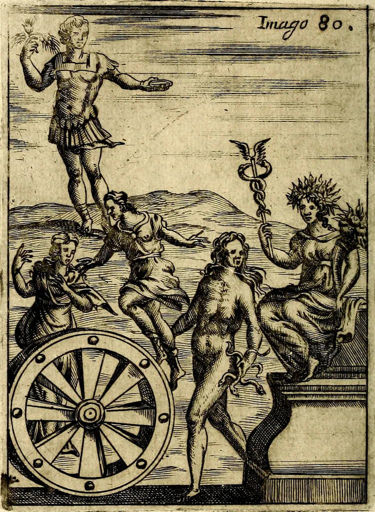 An illustration from Vincentii Chartarii Rhegiensis Imagines deorum : qui ab antiquis colebantur, unâ cum earum declaratione & historia in qua simulacra, ritus, cæremoniæ magnaque ex parte veterum religio explicatur, opus non solum antiquitatis amatoribus, sed & liberalium artium cultoribus, imò & concionatoribus valde utile & proficuum, hinc inde, 1687, leaf 343