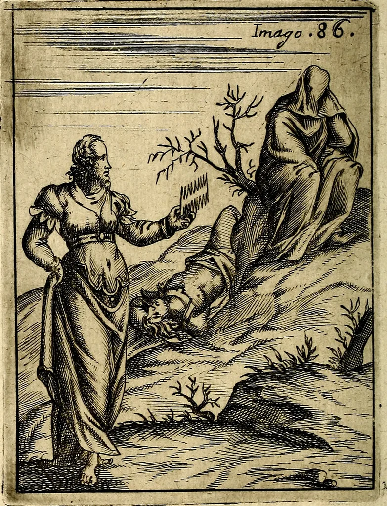 An illustration from Vincentii Chartarii Rhegiensis Imagines deorum : qui ab antiquis colebantur, unâ cum earum declaratione & historia in qua simulacra, ritus, cæremoniæ magnaque ex parte veterum religio explicatur, opus non solum antiquitatis amatoribus, sed & liberalium artium cultoribus, imò & concionatoribus valde utile & proficuum, hinc inde, 1687, leaf 373