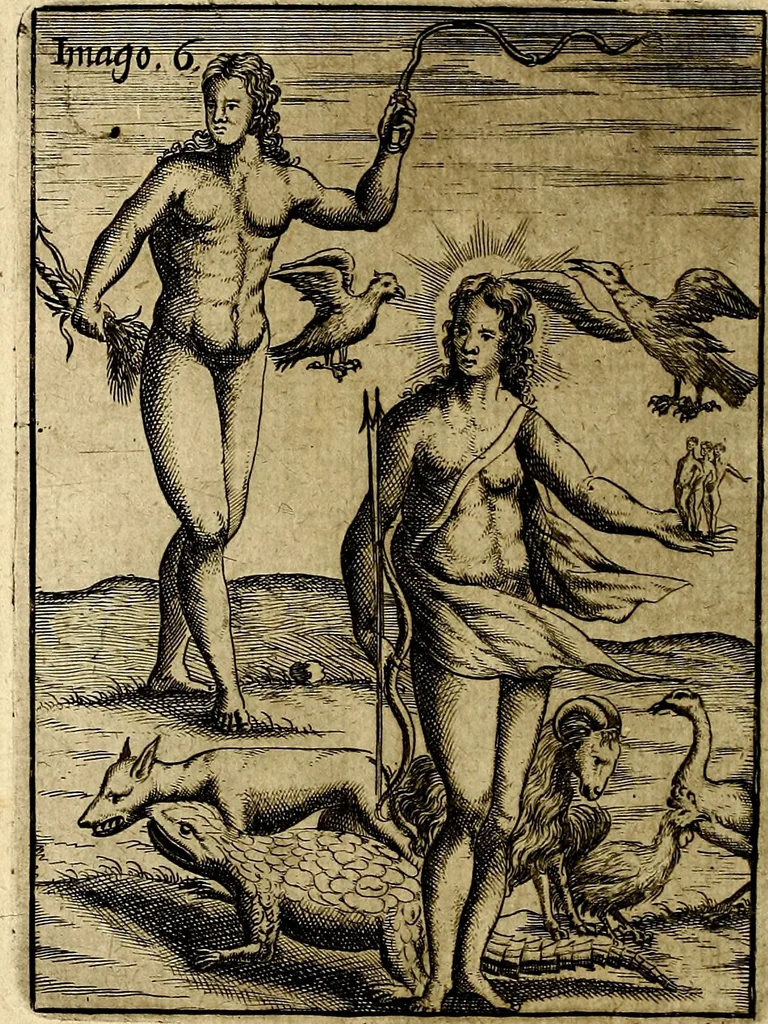 An illustration from Vincentii Chartarii Rhegiensis Imagines deorum : qui ab antiquis colebantur, unâ cum earum declaratione & historia in qua simulacra, ritus, cæremoniæ magnaque ex parte veterum religio explicatur, opus non solum antiquitatis amatoribus, sed & liberalium artium cultoribus, imò & concionatoribus valde utile & proficuum, hinc inde, 1687, leaf 45