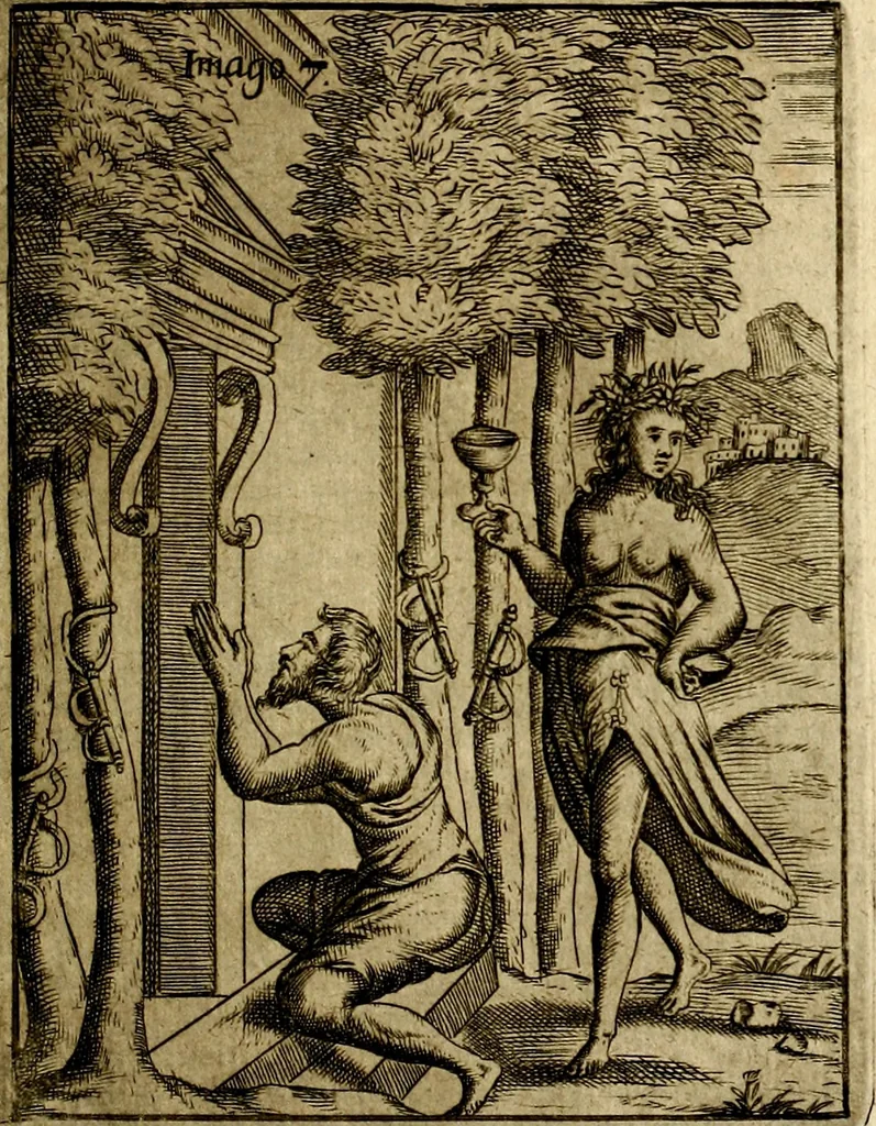 An illustration from Vincentii Chartarii Rhegiensis Imagines deorum : qui ab antiquis colebantur, unâ cum earum declaratione & historia in qua simulacra, ritus, cæremoniæ magnaque ex parte veterum religio explicatur, opus non solum antiquitatis amatoribus, sed & liberalium artium cultoribus, imò & concionatoribus valde utile & proficuum, hinc inde, 1687, leaf 48