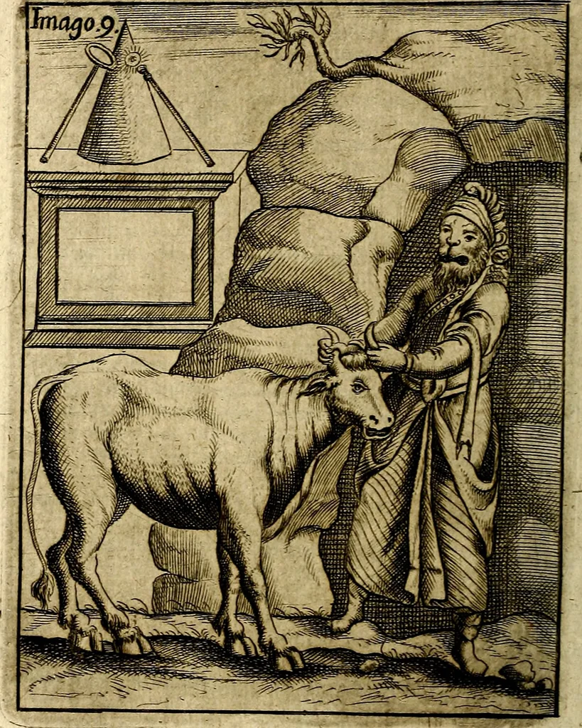 An illustration from Vincentii Chartarii Rhegiensis Imagines deorum : qui ab antiquis colebantur, unâ cum earum declaratione & historia in qua simulacra, ritus, cæremoniæ magnaque ex parte veterum religio explicatur, opus non solum antiquitatis amatoribus, sed & liberalium artium cultoribus, imò & concionatoribus valde utile & proficuum, hinc inde, 1687, leaf 57