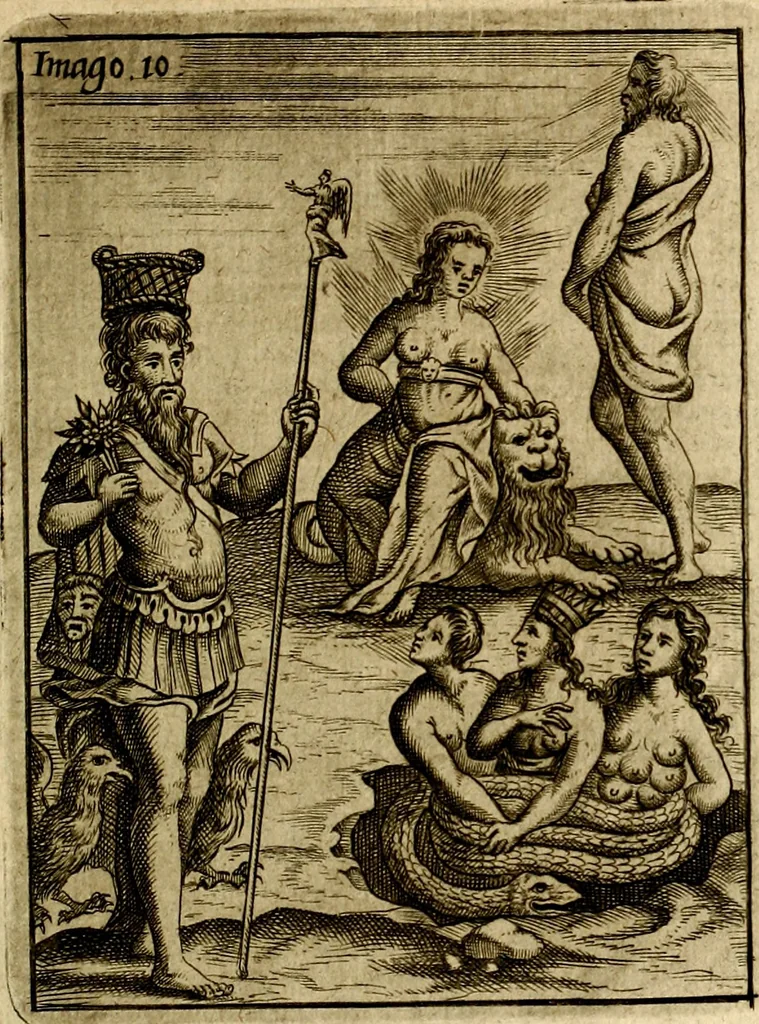 An illustration from Vincentii Chartarii Rhegiensis Imagines deorum : qui ab antiquis colebantur, unâ cum earum declaratione & historia in qua simulacra, ritus, cæremoniæ magnaque ex parte veterum religio explicatur, opus non solum antiquitatis amatoribus, sed & liberalium artium cultoribus, imò & concionatoribus valde utile & proficuum, hinc inde, 1687, leaf 62
