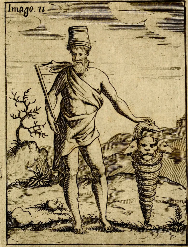 An illustration from Vincentii Chartarii Rhegiensis Imagines deorum : qui ab antiquis colebantur, unâ cum earum declaratione & historia in qua simulacra, ritus, cæremoniæ magnaque ex parte veterum religio explicatur, opus non solum antiquitatis amatoribus, sed & liberalium artium cultoribus, imò & concionatoribus valde utile & proficuum, hinc inde, 1687, leaf 66