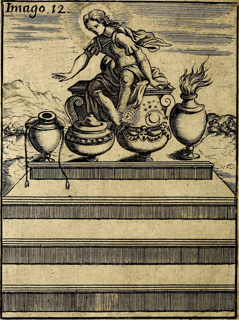 An illustration from Vincentii Chartarii Rhegiensis Imagines deorum : qui ab antiquis colebantur, unâ cum earum declaratione & historia in qua simulacra, ritus, cæremoniæ magnaque ex parte veterum religio explicatur, opus non solum antiquitatis amatoribus, sed & liberalium artium cultoribus, imò & concionatoribus valde utile & proficuum, hinc inde, 1687, leaf 67