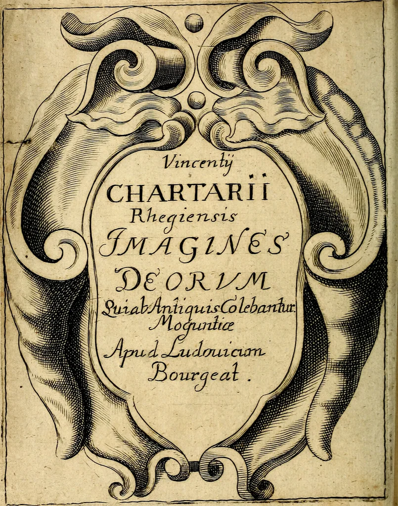 An illustration from Vincentii Chartarii Rhegiensis Imagines deorum : qui ab antiquis colebantur, unâ cum earum declaratione & historia in qua simulacra, ritus, cæremoniæ magnaque ex parte veterum religio explicatur, opus non solum antiquitatis amatoribus, sed & liberalium artium cultoribus, imò & concionatoribus valde utile & proficuum, hinc inde, 1687, leaf 7