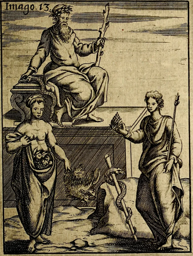 An illustration from Vincentii Chartarii Rhegiensis Imagines deorum : qui ab antiquis colebantur, unâ cum earum declaratione & historia in qua simulacra, ritus, cæremoniæ magnaque ex parte veterum religio explicatur, opus non solum antiquitatis amatoribus, sed & liberalium artium cultoribus, imò & concionatoribus valde utile & proficuum, hinc inde, 1687, leaf 70
