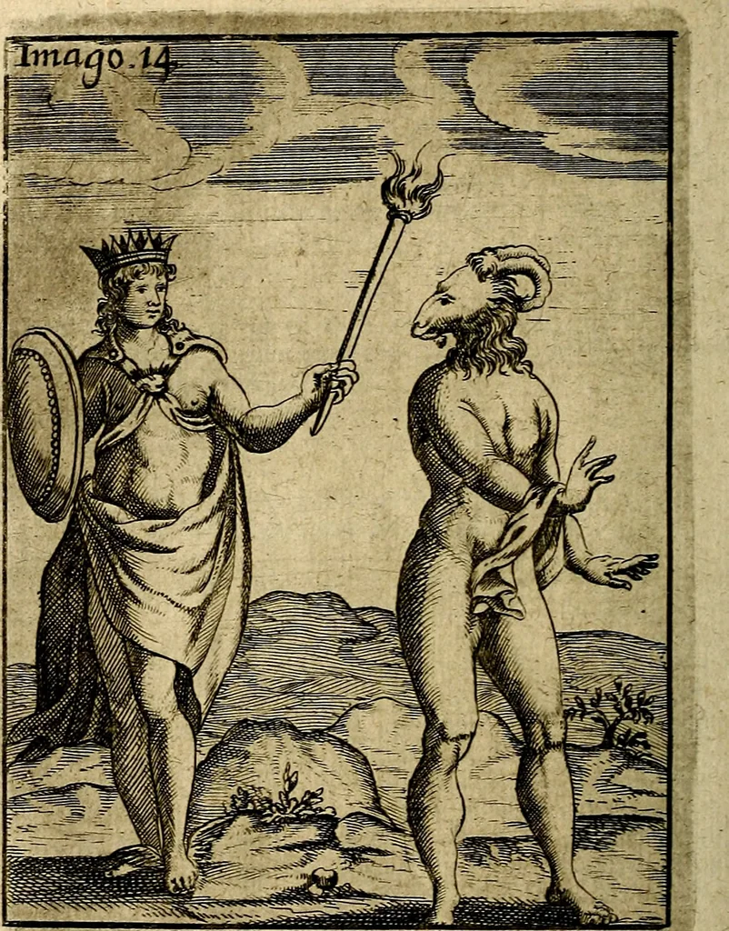 An illustration from Vincentii Chartarii Rhegiensis Imagines deorum : qui ab antiquis colebantur, unâ cum earum declaratione & historia in qua simulacra, ritus, cæremoniæ magnaque ex parte veterum religio explicatur, opus non solum antiquitatis amatoribus, sed & liberalium artium cultoribus, imò & concionatoribus valde utile & proficuum, hinc inde, 1687, leaf 77