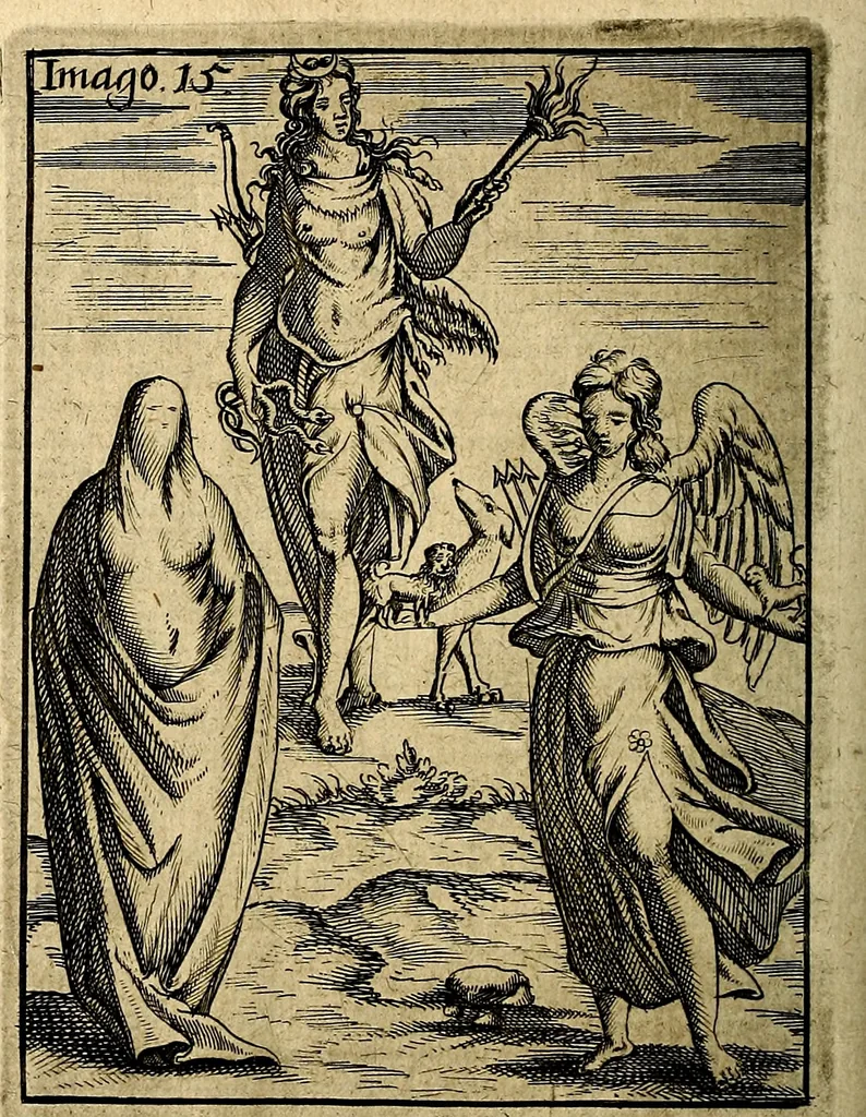 An illustration from Vincentii Chartarii Rhegiensis Imagines deorum : qui ab antiquis colebantur, unâ cum earum declaratione & historia in qua simulacra, ritus, cæremoniæ magnaque ex parte veterum religio explicatur, opus non solum antiquitatis amatoribus, sed & liberalium artium cultoribus, imò & concionatoribus valde utile & proficuum, hinc inde, 1687, leaf 83