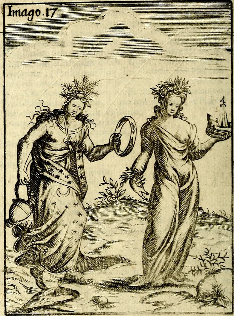 An illustration from Vincentii Chartarii Rhegiensis Imagines deorum : qui ab antiquis colebantur, unâ cum earum declaratione & historia in qua simulacra, ritus, cæremoniæ magnaque ex parte veterum religio explicatur, opus non solum antiquitatis amatoribus, sed & liberalium artium cultoribus, imò & concionatoribus valde utile & proficuum, hinc inde, 1687, leaf 97