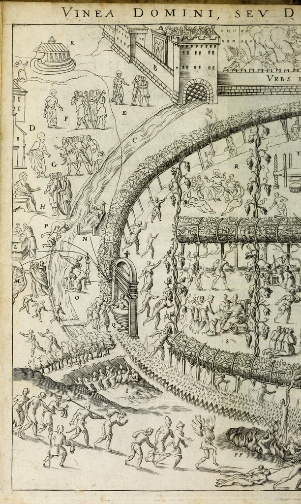 An illustration from Vinea Domini : cum breui descriptione sacramentor[um] et Paradisi, Limbi, Purgatorij, atq[ue] Inferni, à cathechismo catholicis q[ue] patribus excerpta, 1588, leaf 24