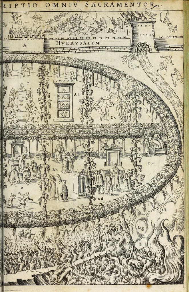 An illustration from Vinea Domini : cum breui descriptione sacramentor[um] et Paradisi, Limbi, Purgatorij, atq[ue] Inferni, à cathechismo catholicis q[ue] patribus excerpta, 1588, leaf 25