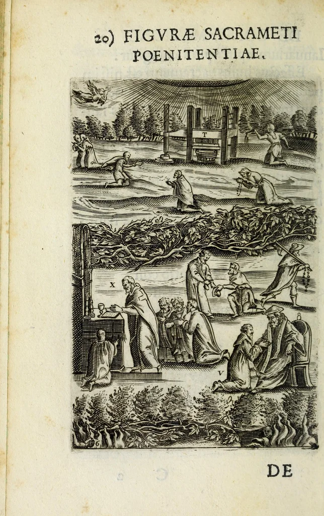 An illustration from Vinea Domini : cum breui descriptione sacramentor[um] et Paradisi, Limbi, Purgatorij, atq[ue] Inferni, à cathechismo catholicis q[ue] patribus excerpta, 1588, leaf 48