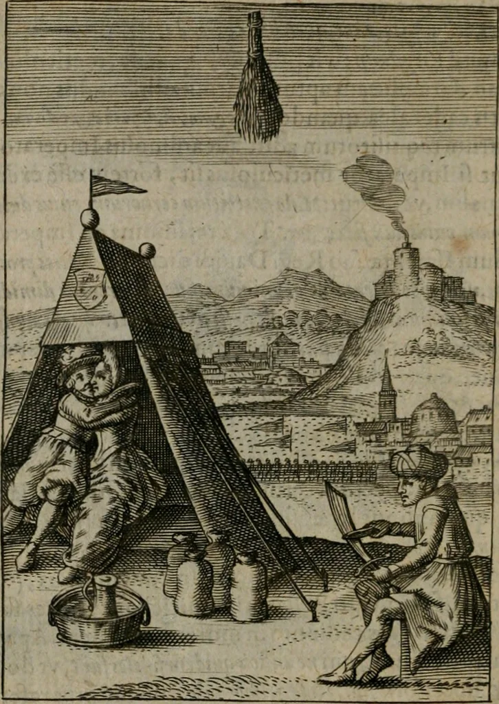 An illustration from Viridarium hieroglyphico-morale : in quo virtutes et vitia, atque mores huius aeui secundum tres ordines hierarchicos, ecclesiasticum, politicum, oeconomicum, per definitiones, distributiones, causas, adfectiones, adiuncta, effecta &c. piè, prudenter, dextrè ac variè explicantur, & non tantum dictis, & exemplis historiarum veterum ac recentium, ex sacris scripturis, sanctis patribus, seu Dd. ecclesiae, poetis, philosophis, historicis cum Christianorum tum gentilium, sed etiam artificiosissimis eiconibus hieroglyphicis illustrantur : opusculum novum ac rarum, cuius vsum atq[ue] vtilitatem praefixa praefatio docebit, 1619, leaf 111