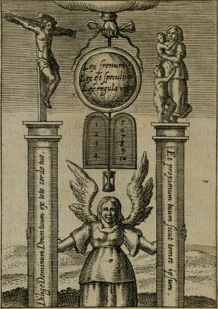 An illustration from Viridarium hieroglyphico-morale : in quo virtutes et vitia, atque mores huius aeui secundum tres ordines hierarchicos, ecclesiasticum, politicum, oeconomicum, per definitiones, distributiones, causas, adfectiones, adiuncta, effecta &c. piè, prudenter, dextrè ac variè explicantur, & non tantum dictis, & exemplis historiarum veterum ac recentium, ex sacris scripturis, sanctis patribus, seu Dd. ecclesiae, poetis, philosophis, historicis cum Christianorum tum gentilium, sed etiam artificiosissimis eiconibus hieroglyphicis illustrantur : opusculum novum ac rarum, cuius vsum atq[ue] vtilitatem praefixa praefatio docebit, 1619, leaf 121