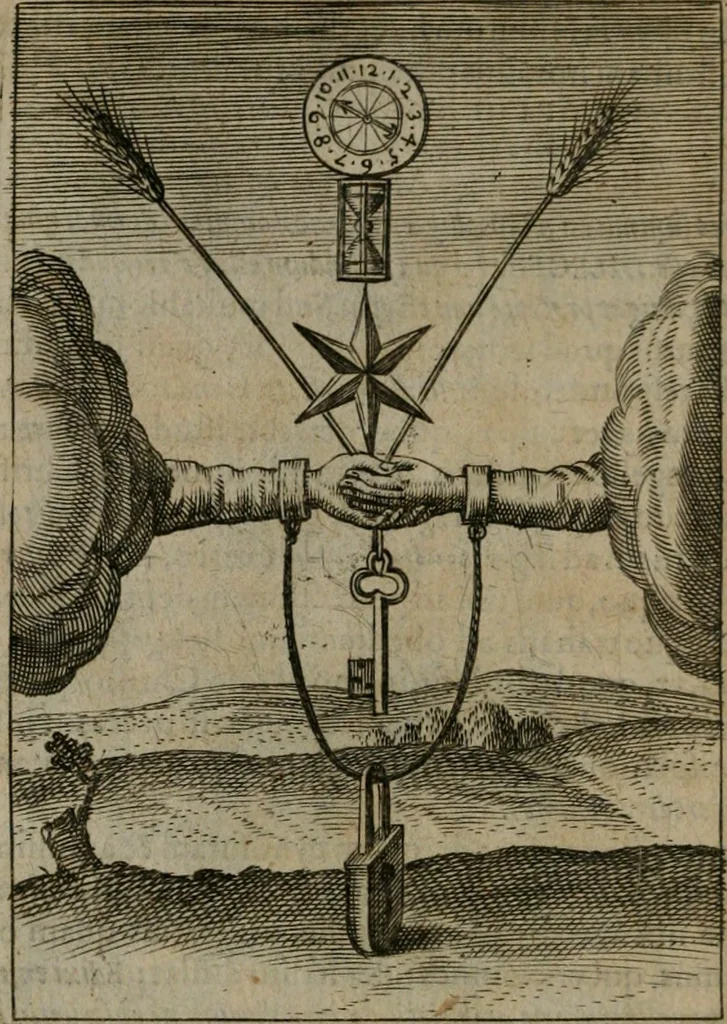 An illustration from Viridarium hieroglyphico-morale : in quo virtutes et vitia, atque mores huius aeui secundum tres ordines hierarchicos, ecclesiasticum, politicum, oeconomicum, per definitiones, distributiones, causas, adfectiones, adiuncta, effecta &c. piè, prudenter, dextrè ac variè explicantur, & non tantum dictis, & exemplis historiarum veterum ac recentium, ex sacris scripturis, sanctis patribus, seu Dd. ecclesiae, poetis, philosophis, historicis cum Christianorum tum gentilium, sed etiam artificiosissimis eiconibus hieroglyphicis illustrantur : opusculum novum ac rarum, cuius vsum atq[ue] vtilitatem praefixa praefatio docebit, 1619, leaf 123