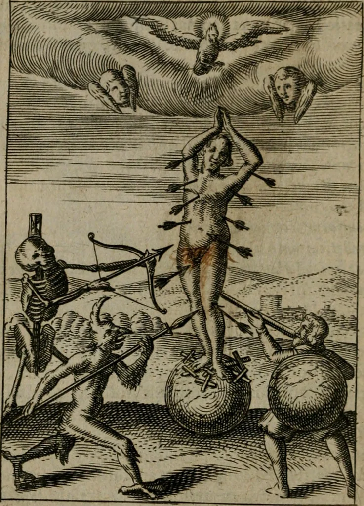 An illustration from Viridarium hieroglyphico-morale : in quo virtutes et vitia, atque mores huius aeui secundum tres ordines hierarchicos, ecclesiasticum, politicum, oeconomicum, per definitiones, distributiones, causas, adfectiones, adiuncta, effecta &c. piè, prudenter, dextrè ac variè explicantur, & non tantum dictis, & exemplis historiarum veterum ac recentium, ex sacris scripturis, sanctis patribus, seu Dd. ecclesiae, poetis, philosophis, historicis cum Christianorum tum gentilium, sed etiam artificiosissimis eiconibus hieroglyphicis illustrantur : opusculum novum ac rarum, cuius vsum atq[ue] vtilitatem praefixa praefatio docebit, 1619, leaf 127