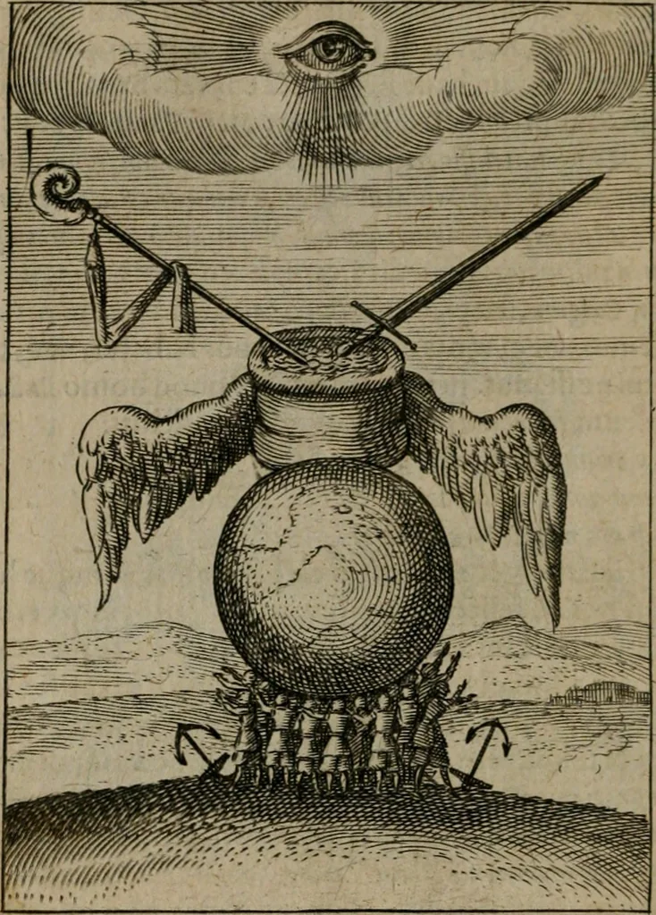 An illustration from Viridarium hieroglyphico-morale : in quo virtutes et vitia, atque mores huius aeui secundum tres ordines hierarchicos, ecclesiasticum, politicum, oeconomicum, per definitiones, distributiones, causas, adfectiones, adiuncta, effecta &c. piè, prudenter, dextrè ac variè explicantur, & non tantum dictis, & exemplis historiarum veterum ac recentium, ex sacris scripturis, sanctis patribus, seu Dd. ecclesiae, poetis, philosophis, historicis cum Christianorum tum gentilium, sed etiam artificiosissimis eiconibus hieroglyphicis illustrantur : opusculum novum ac rarum, cuius vsum atq[ue] vtilitatem praefixa praefatio docebit, 1619, leaf 131