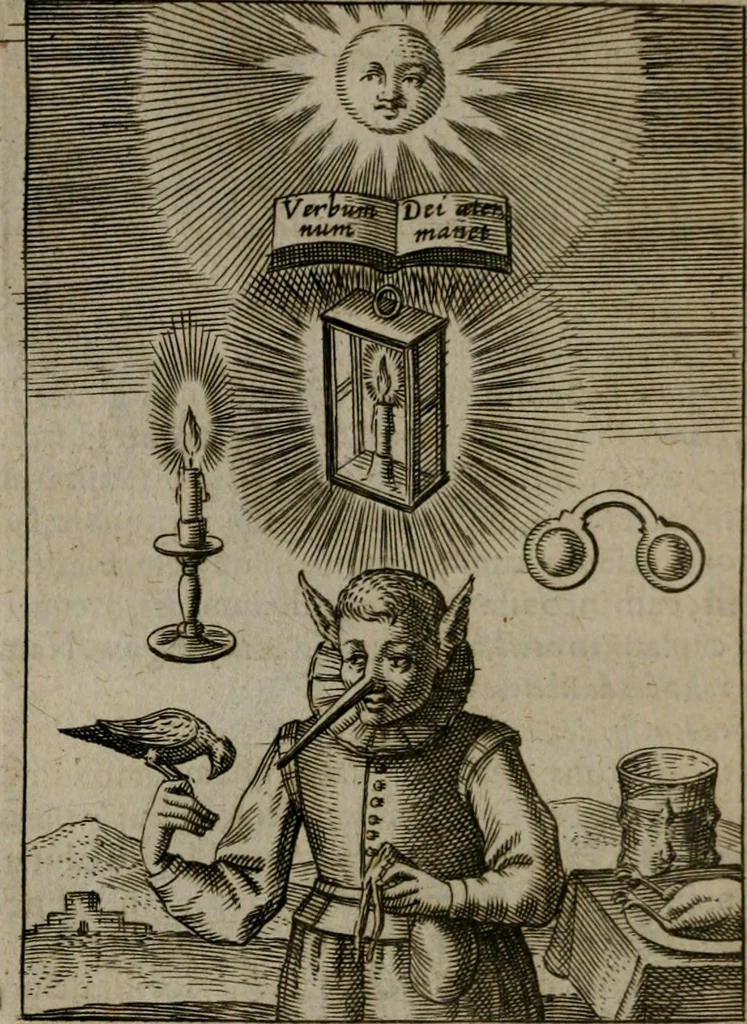 An illustration from Viridarium hieroglyphico-morale : in quo virtutes et vitia, atque mores huius aeui secundum tres ordines hierarchicos, ecclesiasticum, politicum, oeconomicum, per definitiones, distributiones, causas, adfectiones, adiuncta, effecta &c. piè, prudenter, dextrè ac variè explicantur, & non tantum dictis, & exemplis historiarum veterum ac recentium, ex sacris scripturis, sanctis patribus, seu Dd. ecclesiae, poetis, philosophis, historicis cum Christianorum tum gentilium, sed etiam artificiosissimis eiconibus hieroglyphicis illustrantur : opusculum novum ac rarum, cuius vsum atq[ue] vtilitatem praefixa praefatio docebit, 1619, leaf 137