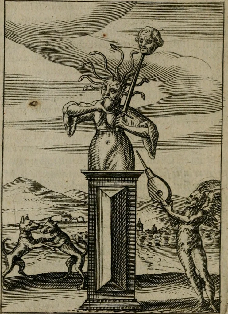 An illustration from Viridarium hieroglyphico-morale : in quo virtutes et vitia, atque mores huius aeui secundum tres ordines hierarchicos, ecclesiasticum, politicum, oeconomicum, per definitiones, distributiones, causas, adfectiones, adiuncta, effecta &c. piè, prudenter, dextrè ac variè explicantur, & non tantum dictis, & exemplis historiarum veterum ac recentium, ex sacris scripturis, sanctis patribus, seu Dd. ecclesiae, poetis, philosophis, historicis cum Christianorum tum gentilium, sed etiam artificiosissimis eiconibus hieroglyphicis illustrantur : opusculum novum ac rarum, cuius vsum atq[ue] vtilitatem praefixa praefatio docebit, 1619, leaf 141