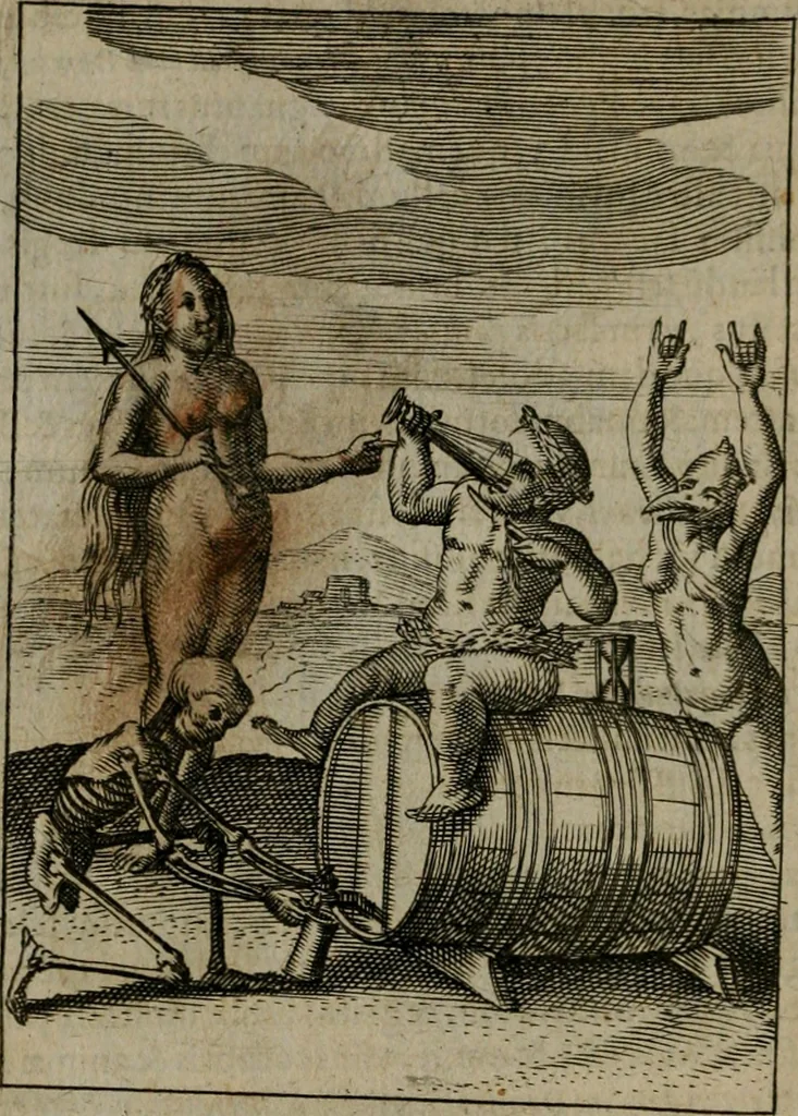 An illustration from Viridarium hieroglyphico-morale : in quo virtutes et vitia, atque mores huius aeui secundum tres ordines hierarchicos, ecclesiasticum, politicum, oeconomicum, per definitiones, distributiones, causas, adfectiones, adiuncta, effecta &c. piè, prudenter, dextrè ac variè explicantur, & non tantum dictis, & exemplis historiarum veterum ac recentium, ex sacris scripturis, sanctis patribus, seu Dd. ecclesiae, poetis, philosophis, historicis cum Christianorum tum gentilium, sed etiam artificiosissimis eiconibus hieroglyphicis illustrantur : opusculum novum ac rarum, cuius vsum atq[ue] vtilitatem praefixa praefatio docebit, 1619, leaf 145