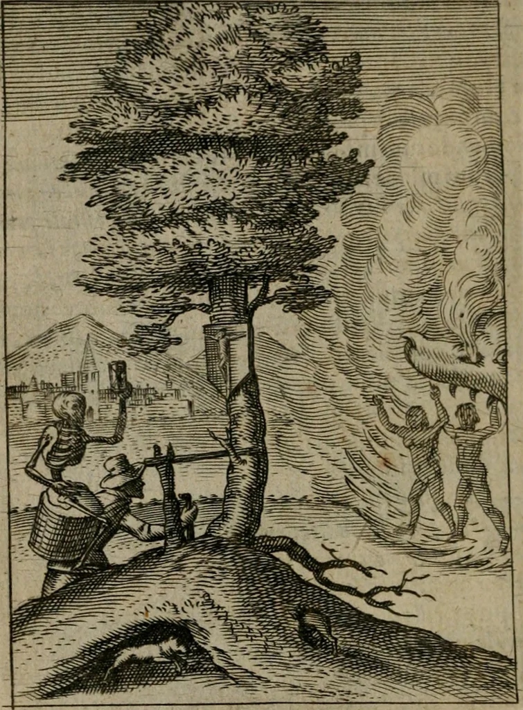 An illustration from Viridarium hieroglyphico-morale : in quo virtutes et vitia, atque mores huius aeui secundum tres ordines hierarchicos, ecclesiasticum, politicum, oeconomicum, per definitiones, distributiones, causas, adfectiones, adiuncta, effecta &c. piè, prudenter, dextrè ac variè explicantur, & non tantum dictis, & exemplis historiarum veterum ac recentium, ex sacris scripturis, sanctis patribus, seu Dd. ecclesiae, poetis, philosophis, historicis cum Christianorum tum gentilium, sed etiam artificiosissimis eiconibus hieroglyphicis illustrantur : opusculum novum ac rarum, cuius vsum atq[ue] vtilitatem praefixa praefatio docebit, 1619, leaf 157