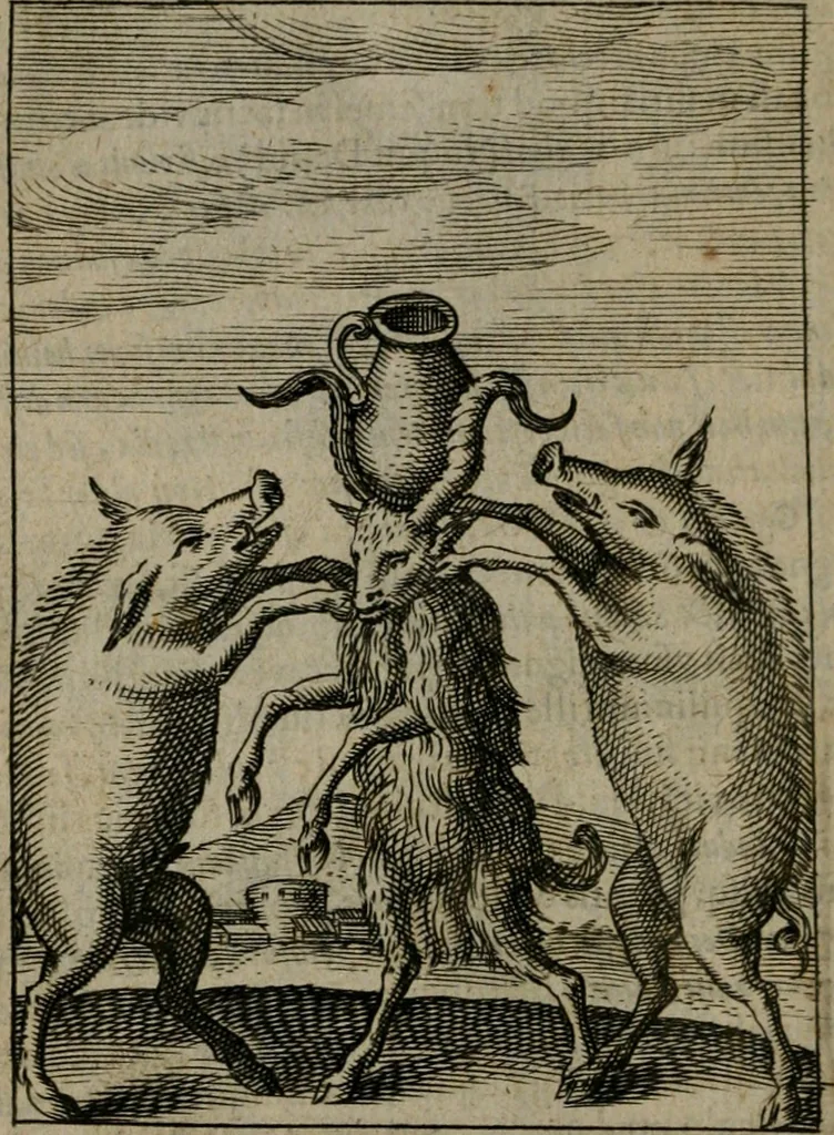 An illustration from Viridarium hieroglyphico-morale : in quo virtutes et vitia, atque mores huius aeui secundum tres ordines hierarchicos, ecclesiasticum, politicum, oeconomicum, per definitiones, distributiones, causas, adfectiones, adiuncta, effecta &c. piè, prudenter, dextrè ac variè explicantur, & non tantum dictis, & exemplis historiarum veterum ac recentium, ex sacris scripturis, sanctis patribus, seu Dd. ecclesiae, poetis, philosophis, historicis cum Christianorum tum gentilium, sed etiam artificiosissimis eiconibus hieroglyphicis illustrantur : opusculum novum ac rarum, cuius vsum atq[ue] vtilitatem praefixa praefatio docebit, 1619, leaf 159
