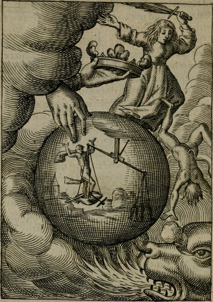 An illustration from Viridarium hieroglyphico-morale : in quo virtutes et vitia, atque mores huius aeui secundum tres ordines hierarchicos, ecclesiasticum, politicum, oeconomicum, per definitiones, distributiones, causas, adfectiones, adiuncta, effecta &c. piè, prudenter, dextrè ac variè explicantur, & non tantum dictis, & exemplis historiarum veterum ac recentium, ex sacris scripturis, sanctis patribus, seu Dd. ecclesiae, poetis, philosophis, historicis cum Christianorum tum gentilium, sed etiam artificiosissimis eiconibus hieroglyphicis illustrantur : opusculum novum ac rarum, cuius vsum atq[ue] vtilitatem praefixa praefatio docebit, 1619, leaf 163