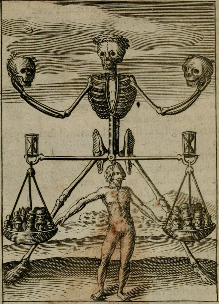 An illustration from Viridarium hieroglyphico-morale : in quo virtutes et vitia, atque mores huius aeui secundum tres ordines hierarchicos, ecclesiasticum, politicum, oeconomicum, per definitiones, distributiones, causas, adfectiones, adiuncta, effecta &c. piè, prudenter, dextrè ac variè explicantur, & non tantum dictis, & exemplis historiarum veterum ac recentium, ex sacris scripturis, sanctis patribus, seu Dd. ecclesiae, poetis, philosophis, historicis cum Christianorum tum gentilium, sed etiam artificiosissimis eiconibus hieroglyphicis illustrantur : opusculum novum ac rarum, cuius vsum atq[ue] vtilitatem praefixa praefatio docebit, 1619, leaf 165