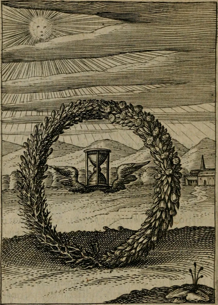 An illustration from Viridarium hieroglyphico-morale : in quo virtutes et vitia, atque mores huius aeui secundum tres ordines hierarchicos, ecclesiasticum, politicum, oeconomicum, per definitiones, distributiones, causas, adfectiones, adiuncta, effecta &c. piè, prudenter, dextrè ac variè explicantur, & non tantum dictis, & exemplis historiarum veterum ac recentium, ex sacris scripturis, sanctis patribus, seu Dd. ecclesiae, poetis, philosophis, historicis cum Christianorum tum gentilium, sed etiam artificiosissimis eiconibus hieroglyphicis illustrantur : opusculum novum ac rarum, cuius vsum atq[ue] vtilitatem praefixa praefatio docebit, 1619, leaf 183